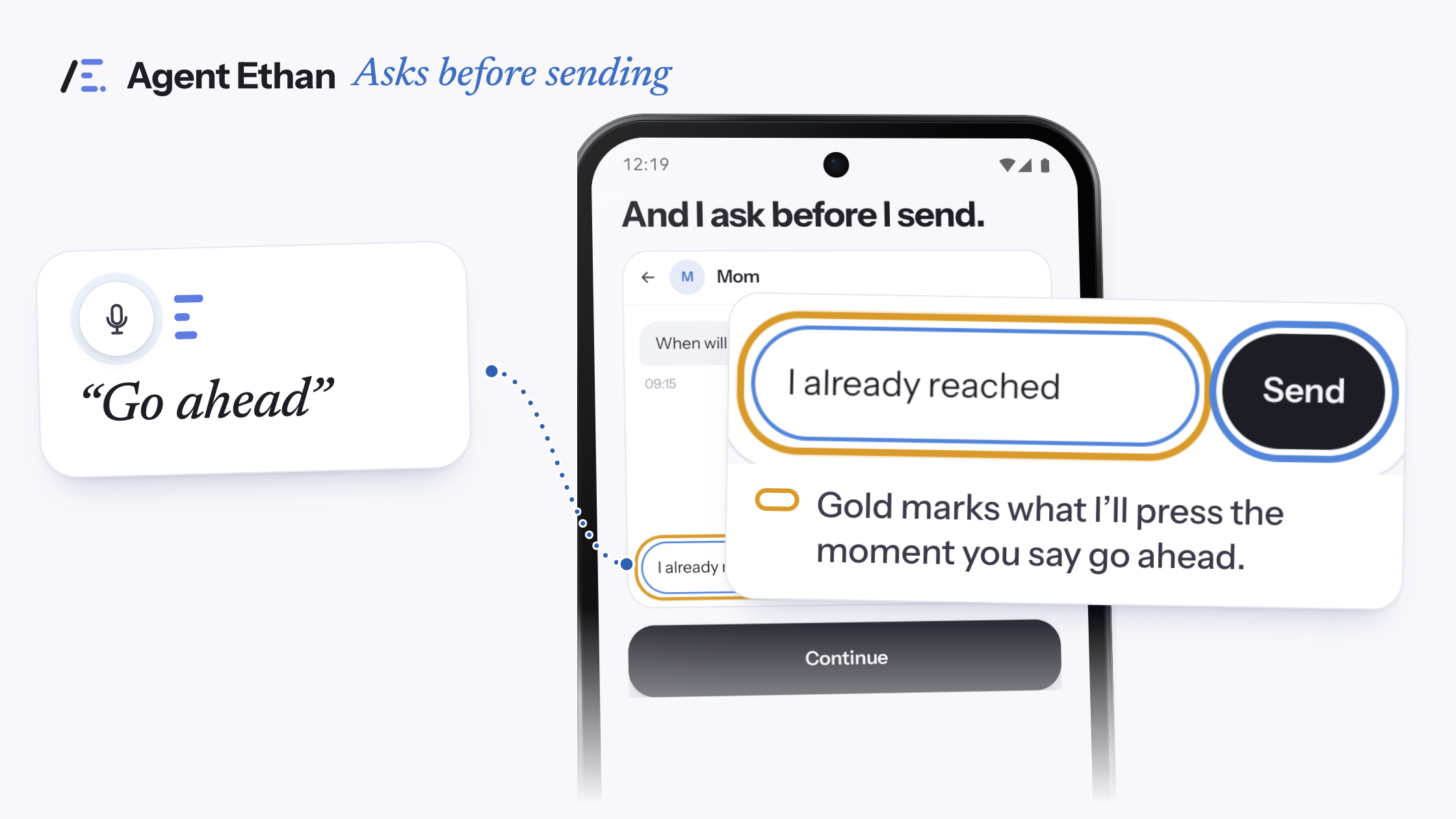 Mom's chat in Agent Ethan with a gold ring around the typed reply and a blue ring around Send, a "Go ahead" card, and the note that gold marks what Ethan will press the moment you say go ahead.