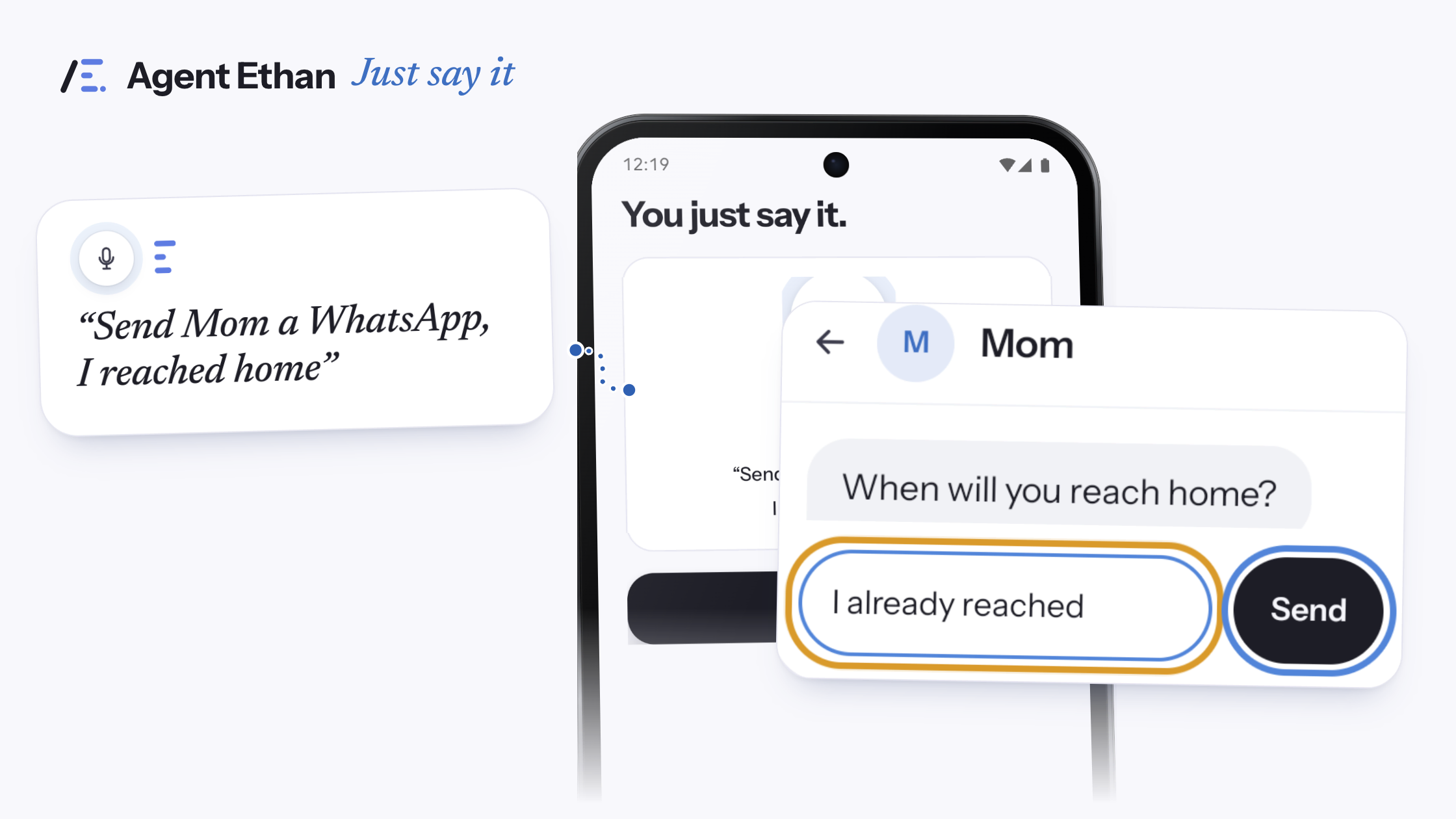 A spoken-task card, Agent Ethan's "You just say it" screen, and Mom's chat pulled out with the reply typed and the Send button waiting.