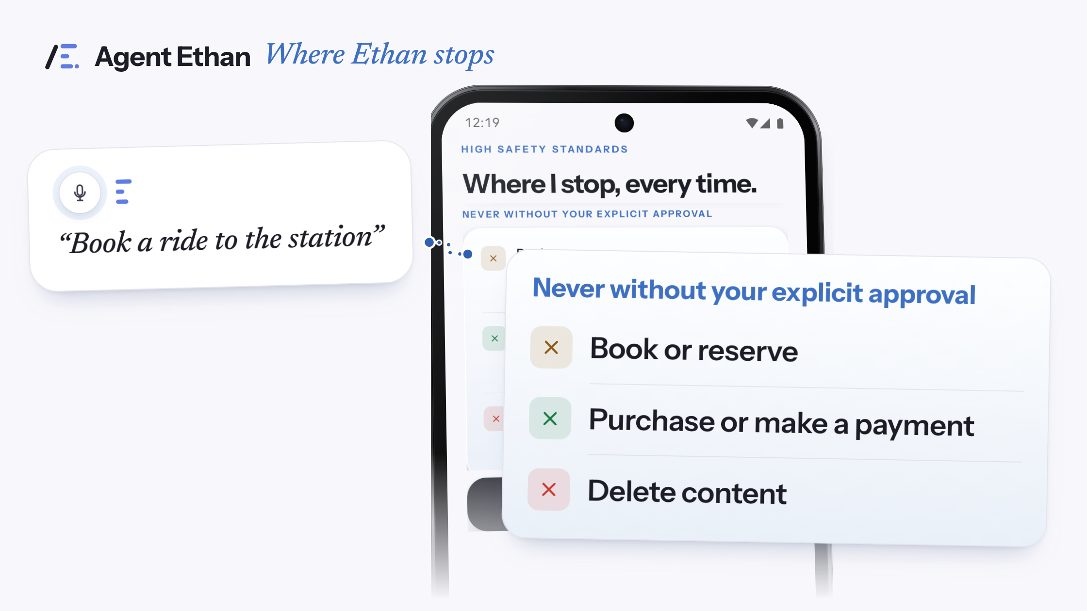 The approval group from Agent Ethan's "Where I stop, every time" screen: Book or reserve, Purchase or make a payment and Delete content, shown over Agent Ethan's "Where I stop, every time" screen as things Ethan waits for your go ahead on.