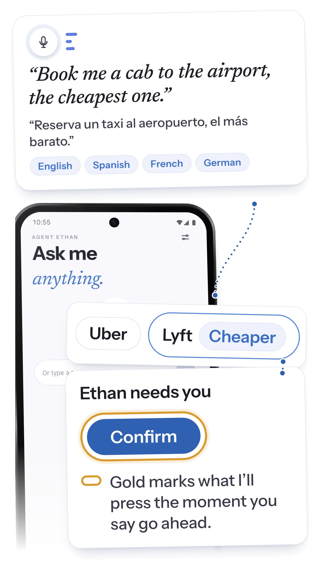 Agent Ethan on a phone: a spoken cab request, Uber and Lyft shown as labels, and a Confirm button in a gold ring.