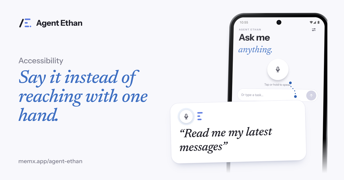 Card "Say it instead of reaching with one hand" with the Ask me anything screen and the spoken task "Read me my latest messages".
