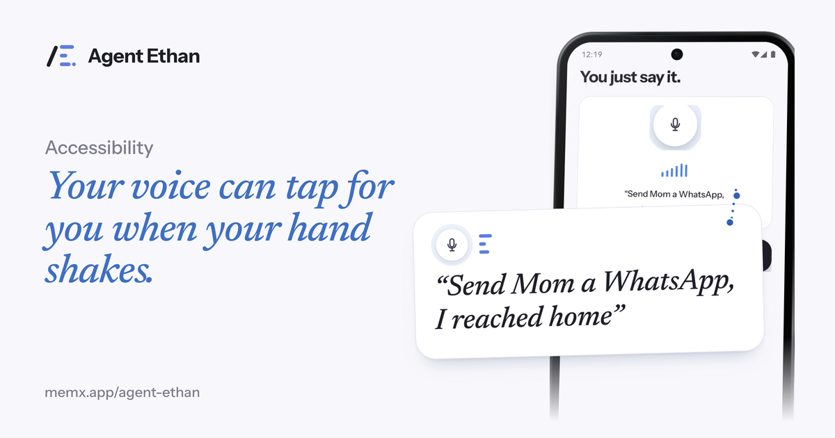 Card "Your voice can tap for you when your hand shakes" with the You just say it screen and the spoken task "Send Mom a WhatsApp, I reached home".