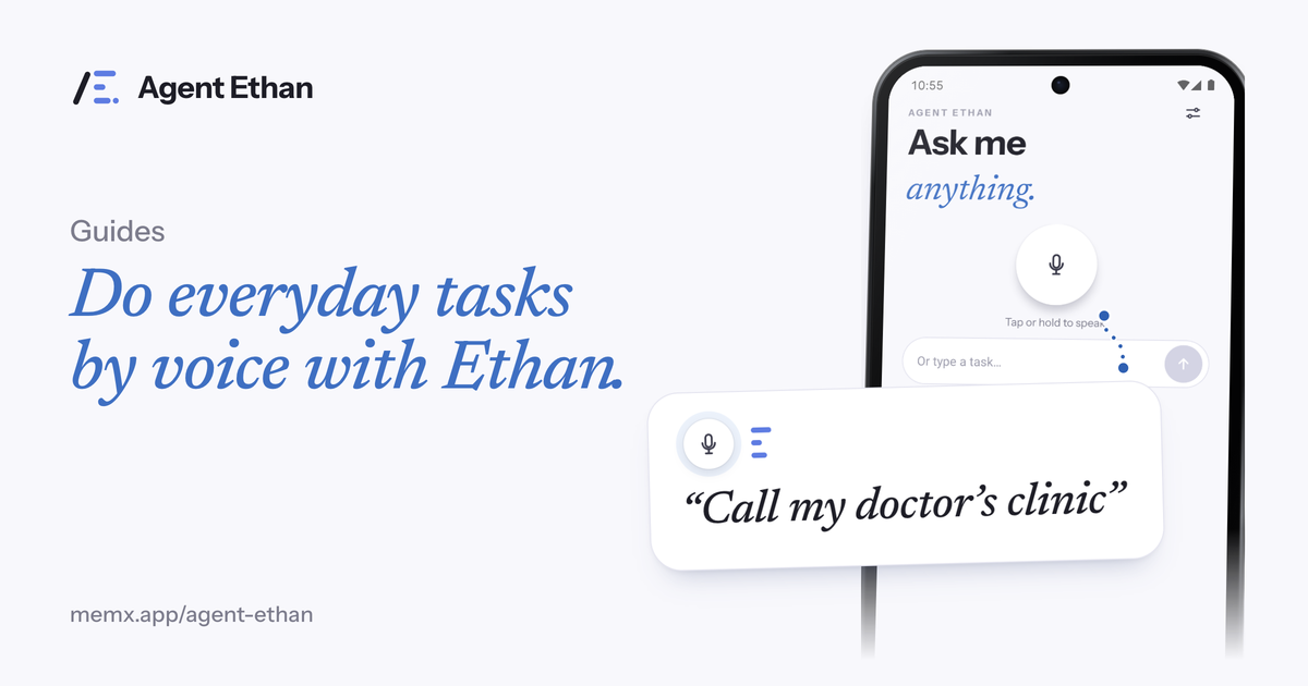 Card "Do everyday tasks by voice with Ethan" with the Ask me anything screen and the spoken task "Call my doctor's clinic".