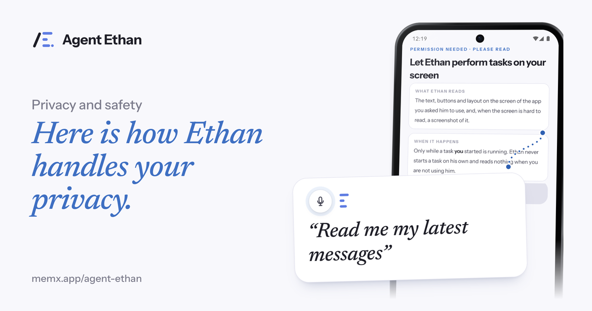 Card "Here is how Ethan handles your privacy" with the permission screen and the spoken task "Read me my latest messages".