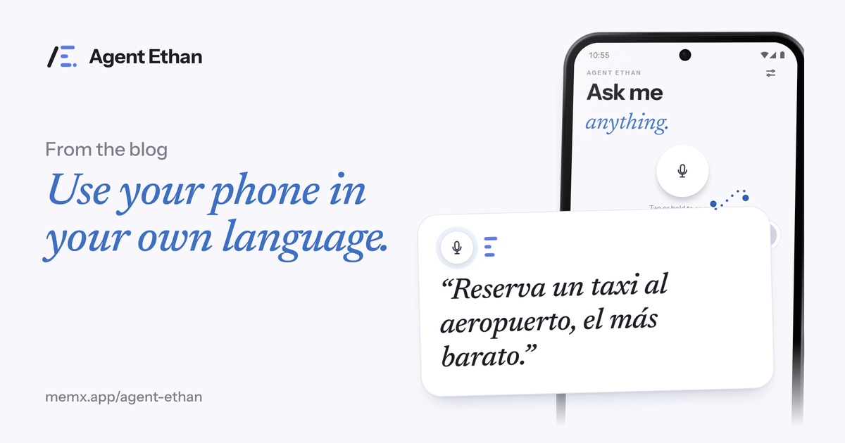 Card "Use your phone in your own language" with the Ask me anything screen and a spoken request in Spanish.