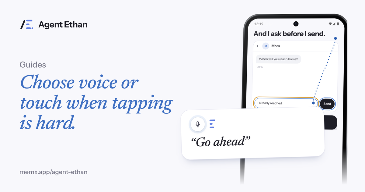 Card "Choose voice or touch when tapping is hard" with a chat screen and a "Go ahead" speech card.
