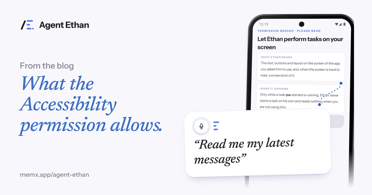 Card "What the Accessibility permission allows" with the permission screen and the spoken task "Read me my latest messages".