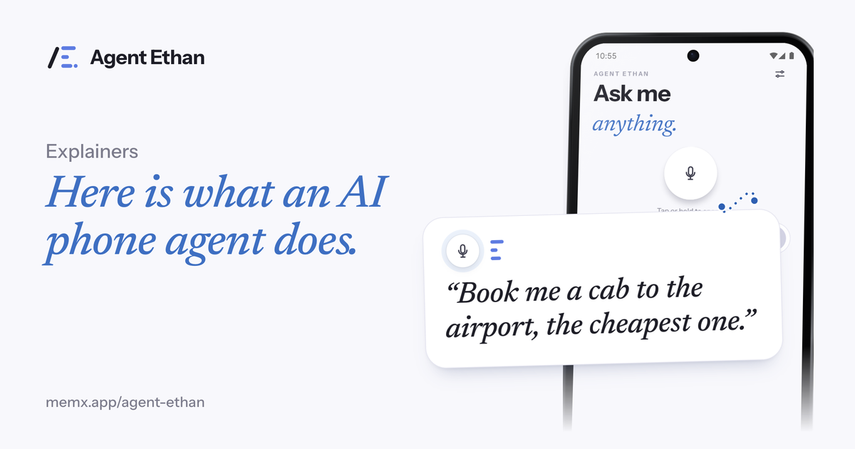 Card "Here is what an AI phone agent does" with the Ask me anything screen and the spoken request "Book me a cab to the airport, the cheapest one".