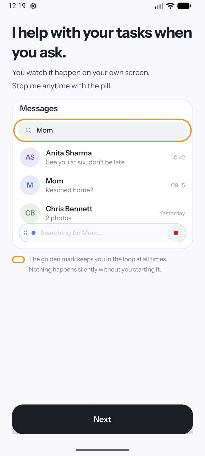 Agent Ethan screen "I help with your tasks when you ask" showing a Messages search for Mom with a gold ring around the box Ethan is about to use and a small pill below saying "Searching for Mom".