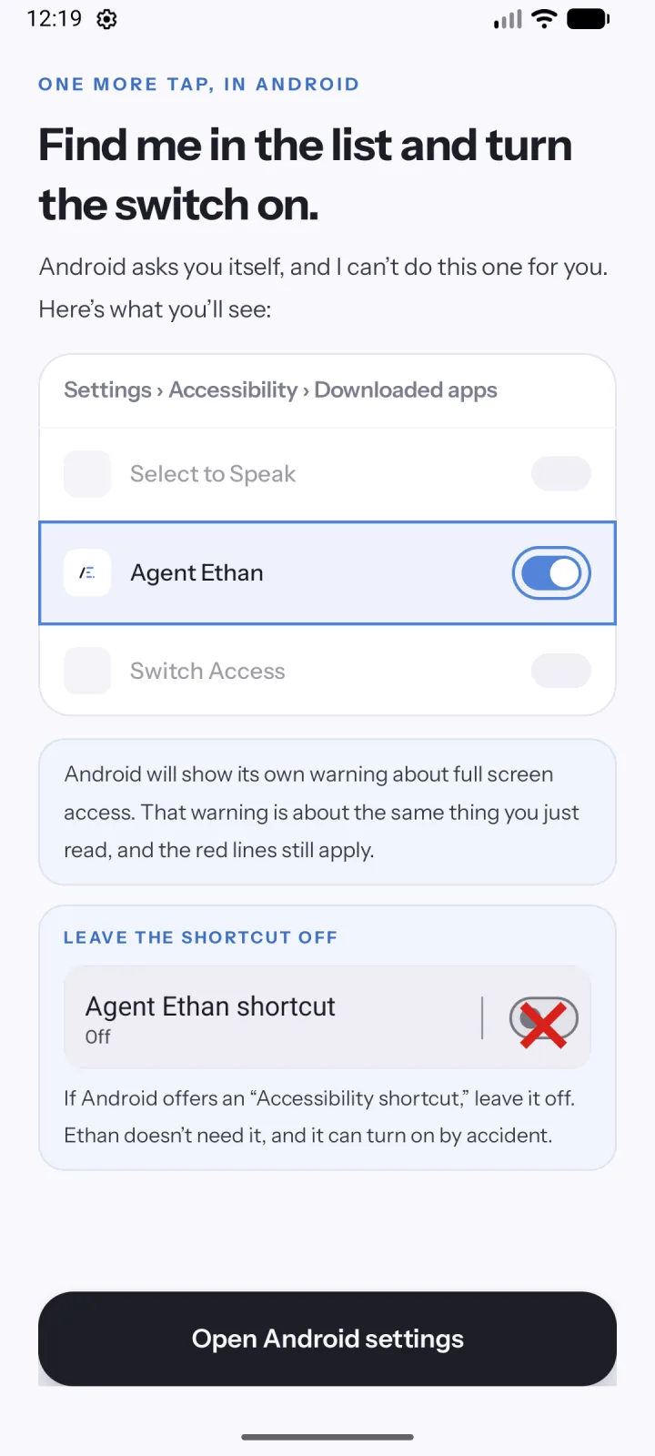 Agent Ethan guide showing the Android Accessibility settings list with the Agent Ethan switch turned on, and a reminder to leave the shortcut off.