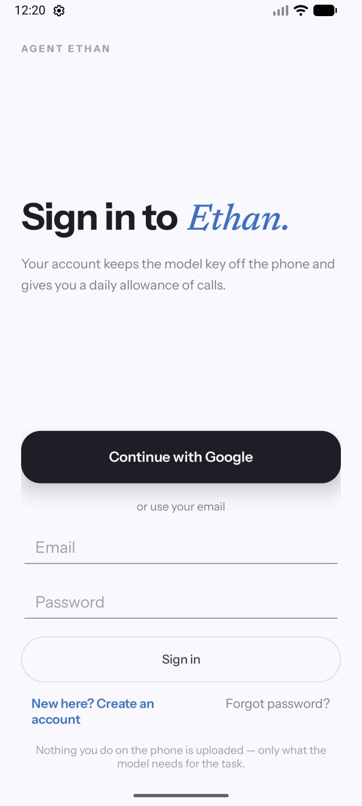 The Agent Ethan sign-in screen, with Google and email options.