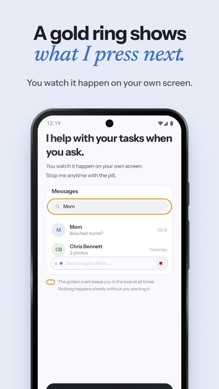 Screenshot 2 of 6, "A gold ring shows what I press next.": A Messages search with a gold ring around the box Ethan is about to use.