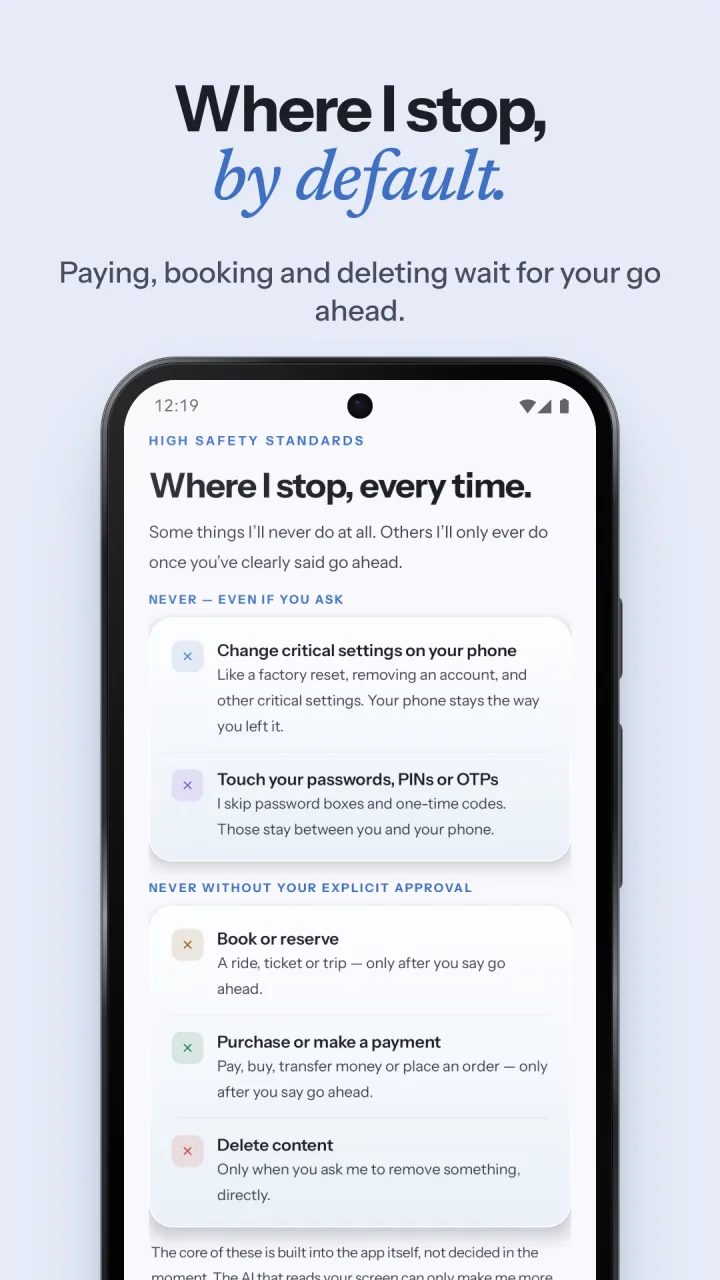 Screenshot 4 of 6, "Where I stop, by default.": The "Where I stop, every time" screen listing what Ethan will not do and what it waits for your approval on.