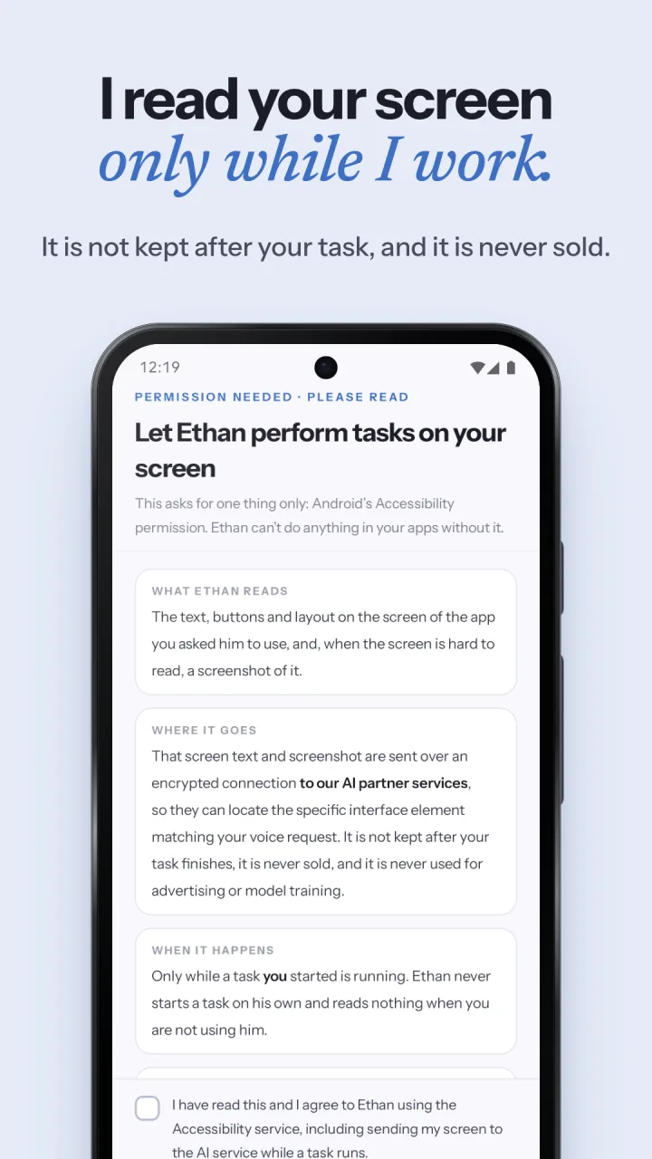 Screenshot 6 of 6, "I read your screen only while I work.": The permission screen explaining what Ethan reads, where it goes and when it happens.