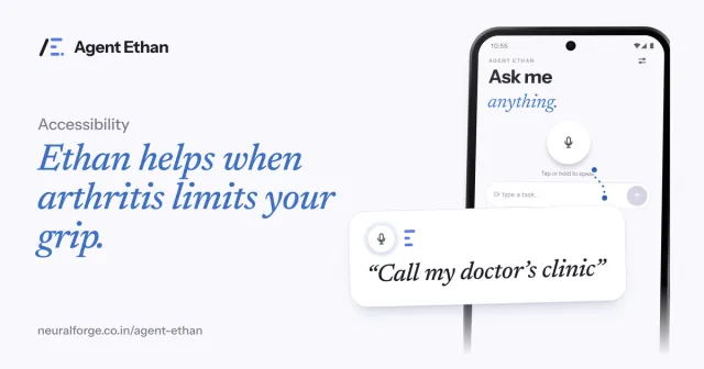 Card "Ethan helps when arthritis limits your grip" with a phone showing the app and the spoken task "Call my doctor's clinic".