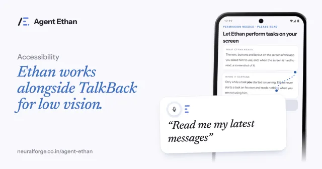 Card "Ethan works alongside TalkBack for low vision" with the permission screen and the spoken task "Read me my latest messages".