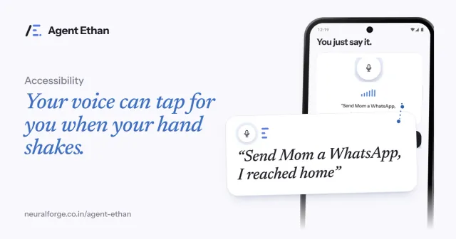 Card "Your voice can tap for you when your hand shakes" with the You just say it screen and the spoken task "Send Mom a WhatsApp, I reached home".