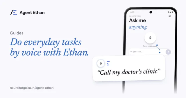 Card "Do everyday tasks by voice with Ethan" with the Ask me anything screen and the spoken task "Call my doctor's clinic".