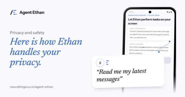 Card "Here is how Ethan handles your privacy" with the permission screen and the spoken task "Read me my latest messages".