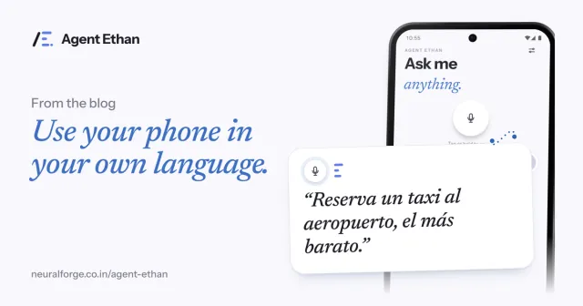 Card "Use your phone in your own language" with the Ask me anything screen and a spoken request in Spanish.