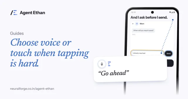 Card "Choose voice or touch when tapping is hard" with a chat screen and a "Go ahead" speech card.