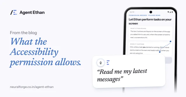 Card "What the Accessibility permission allows" with the permission screen and the spoken task "Read me my latest messages".