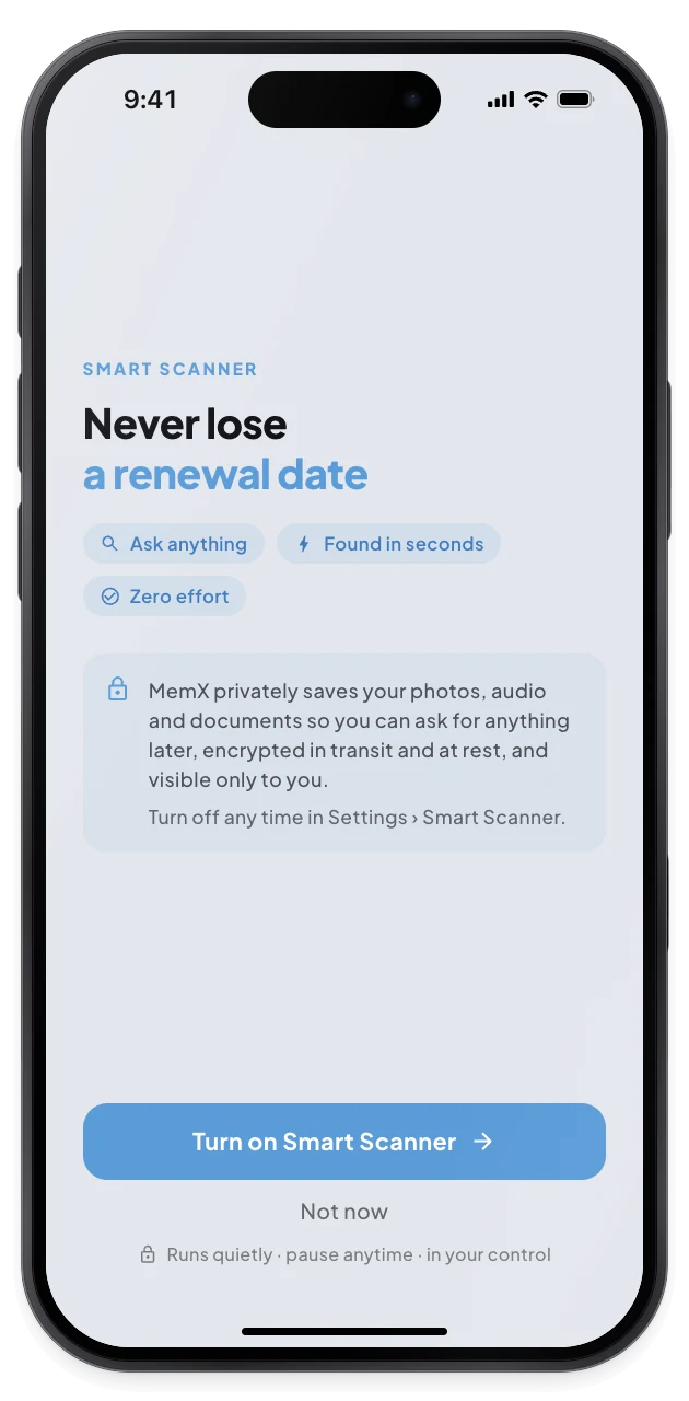 The consent screen explains that MemX privately saves your photos, audio and documents, with a Turn on Smart Scanner button.
