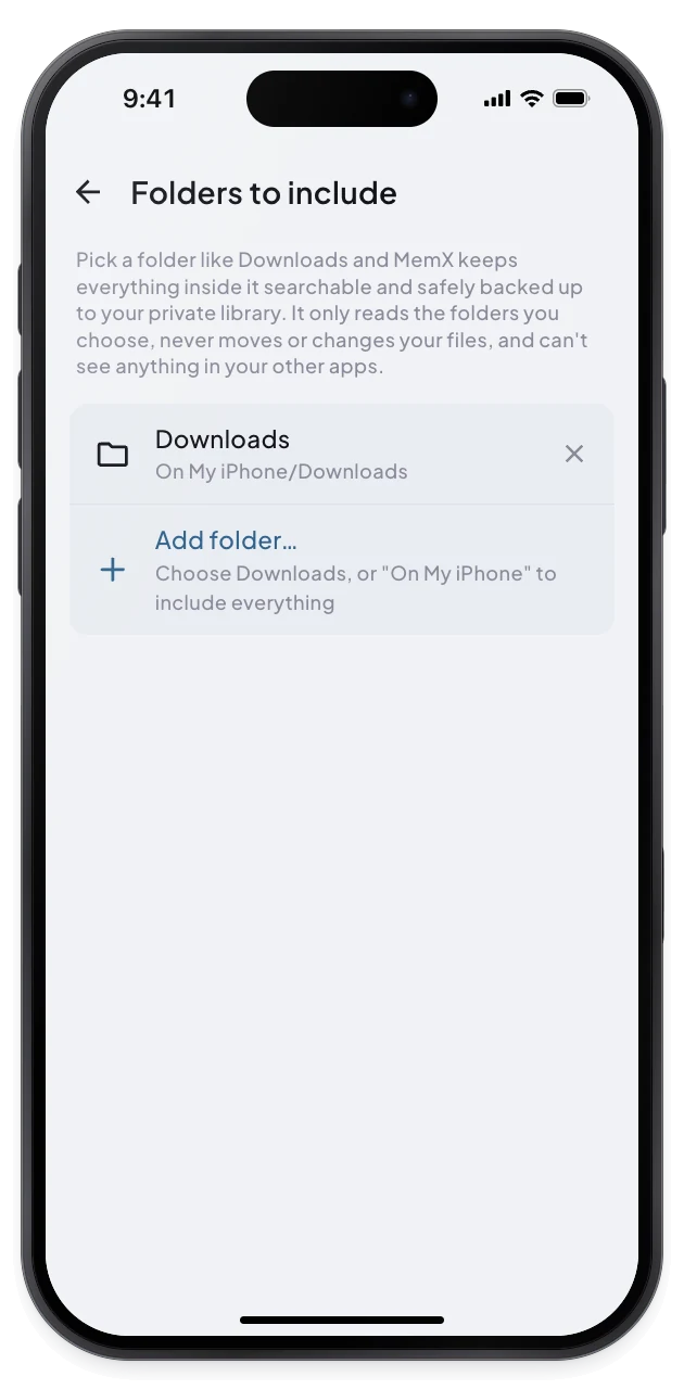 On iPhone, the folder chooser shows Downloads selected and a plain explanation of what MemX reads.