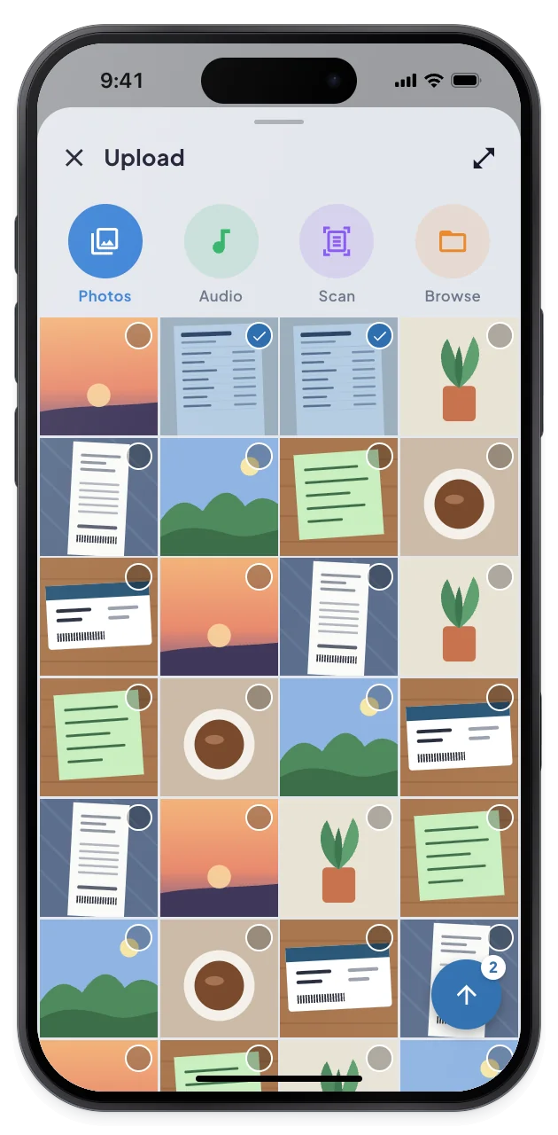 The Photos tab of the upload picker with two statement pages selected.