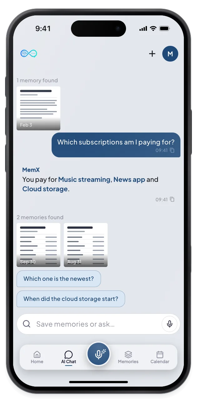 MemX lists the subscriptions it found and shows two statements as sources.