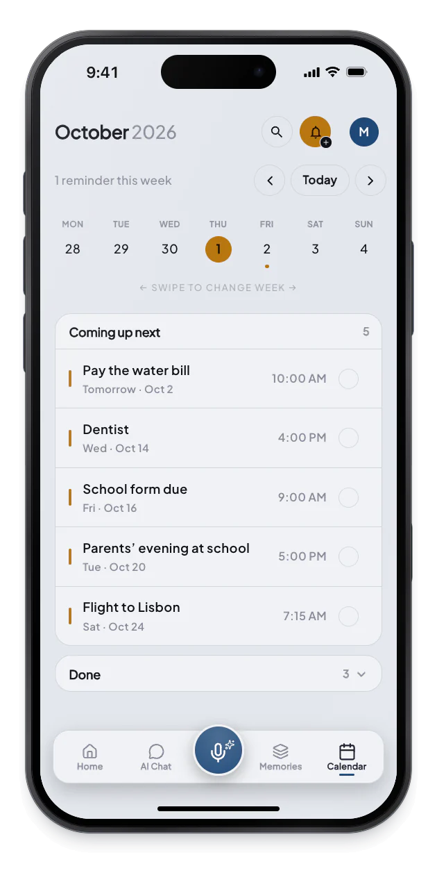 The Calendar tab shows October 2026 with a weekday strip and a short agenda.