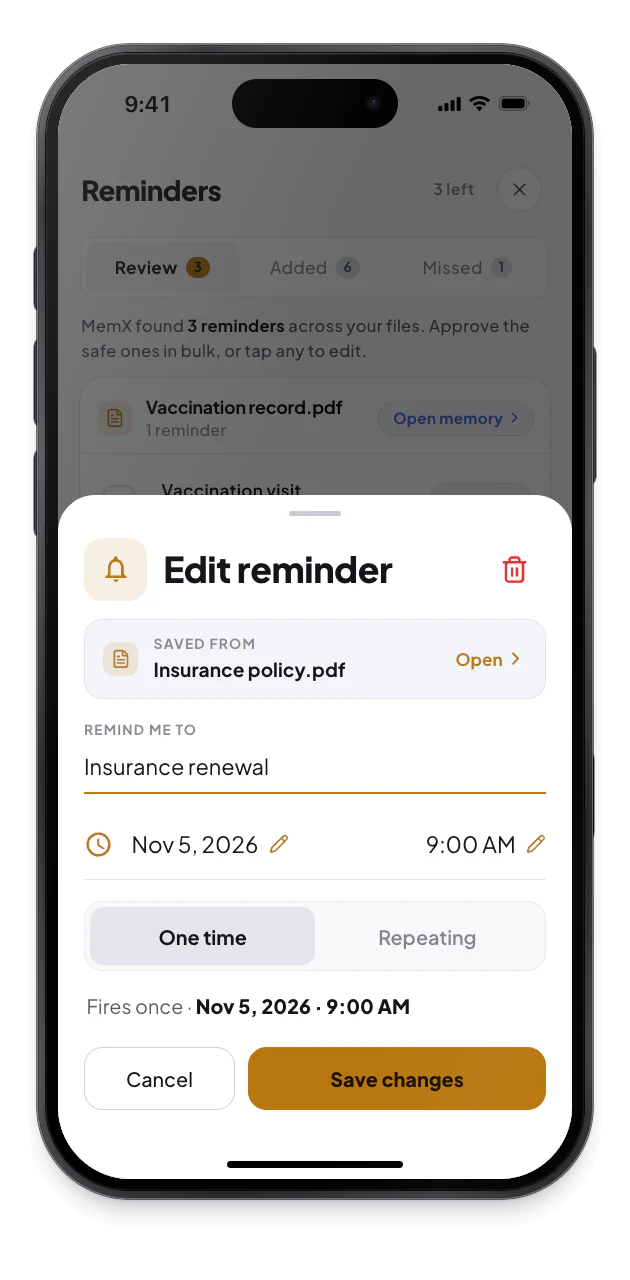 The Edit reminder sheet shows a one-time reminder with a link back to Insurance policy.pdf, the document it was saved from.