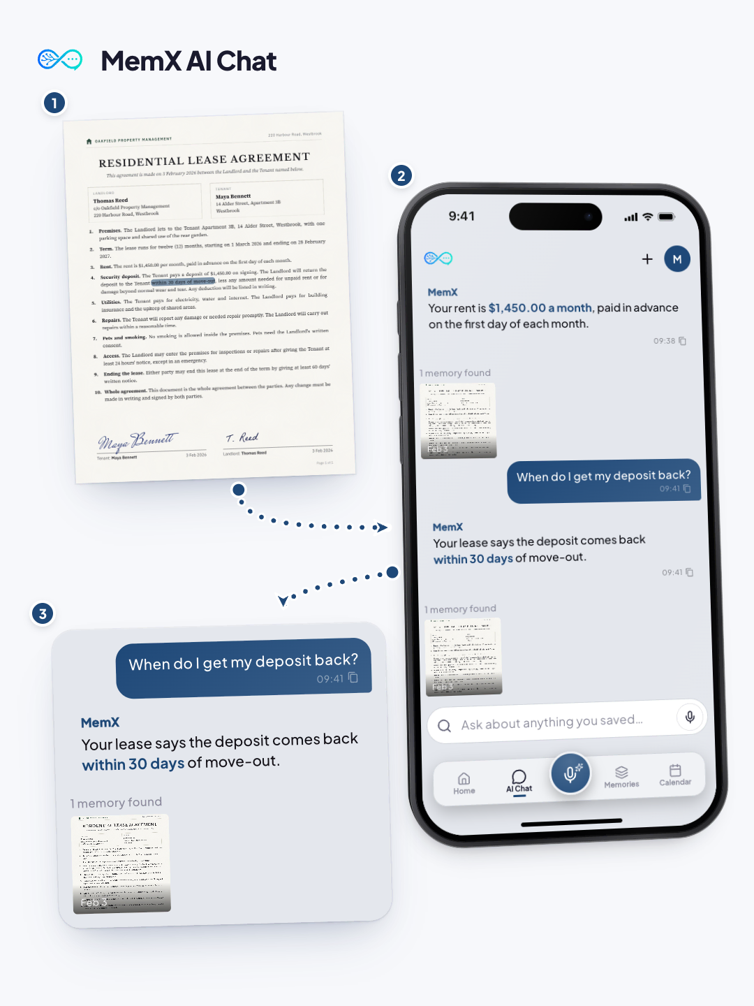 MemX answering a question about a lease, with the original lease beside the phone