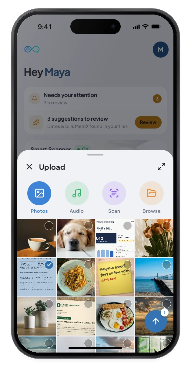 The Photos tab of the upload picker with one lease page selected.