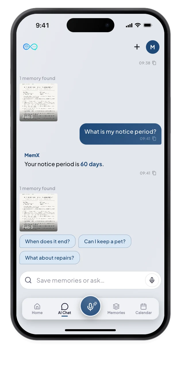 MemX answers with the notice period in bold, shows the lease as the source and offers three follow-up questions.