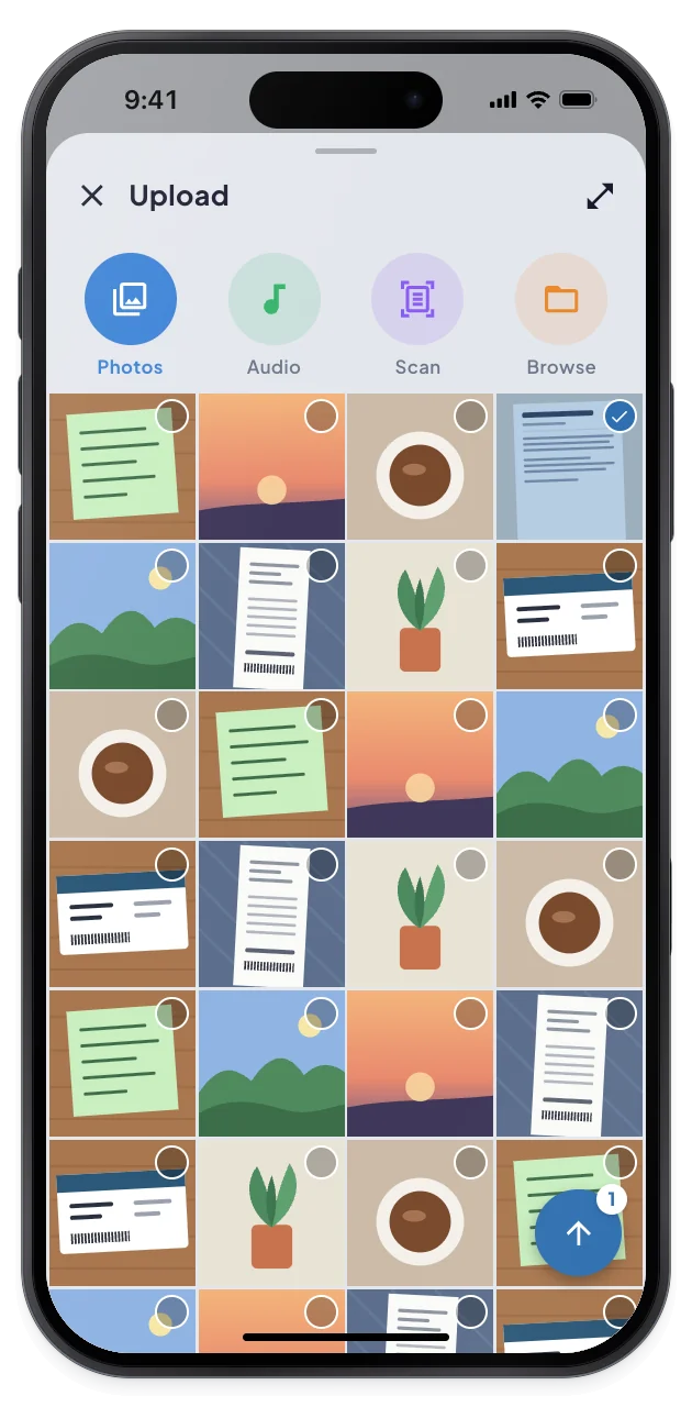 The Photos tab of the upload picker with one contract page selected.