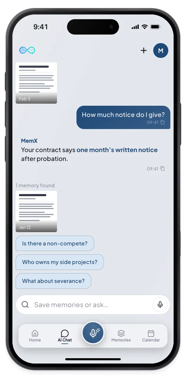 MemX answers with the notice period and shows the contract as the source.