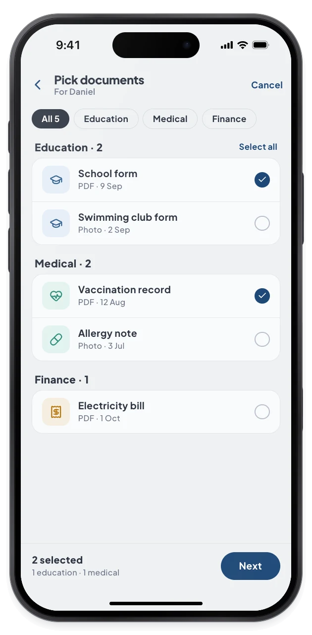 The Pick documents screen lists school, medical and finance files, with two selected and a Next button.