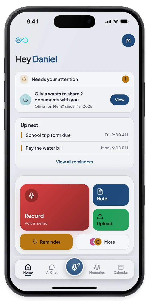 A card on the home screen says Olivia wants to share 2 documents with you, with a View button.