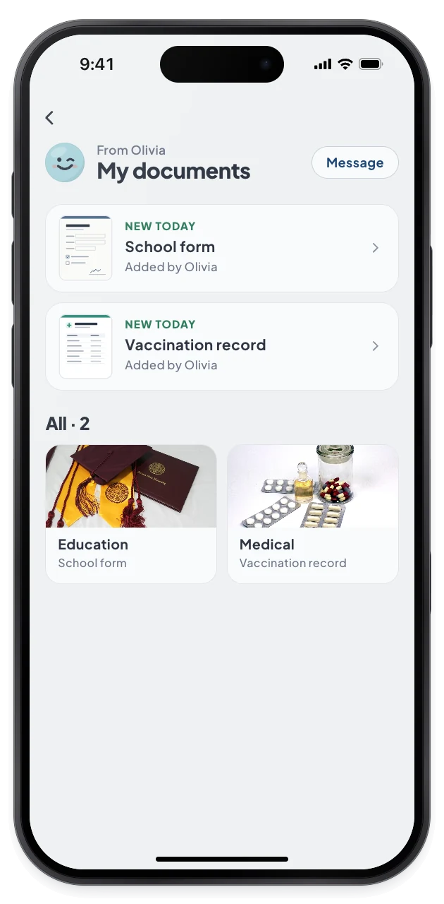 The My documents screen from Olivia lists a school form and a vaccination record.