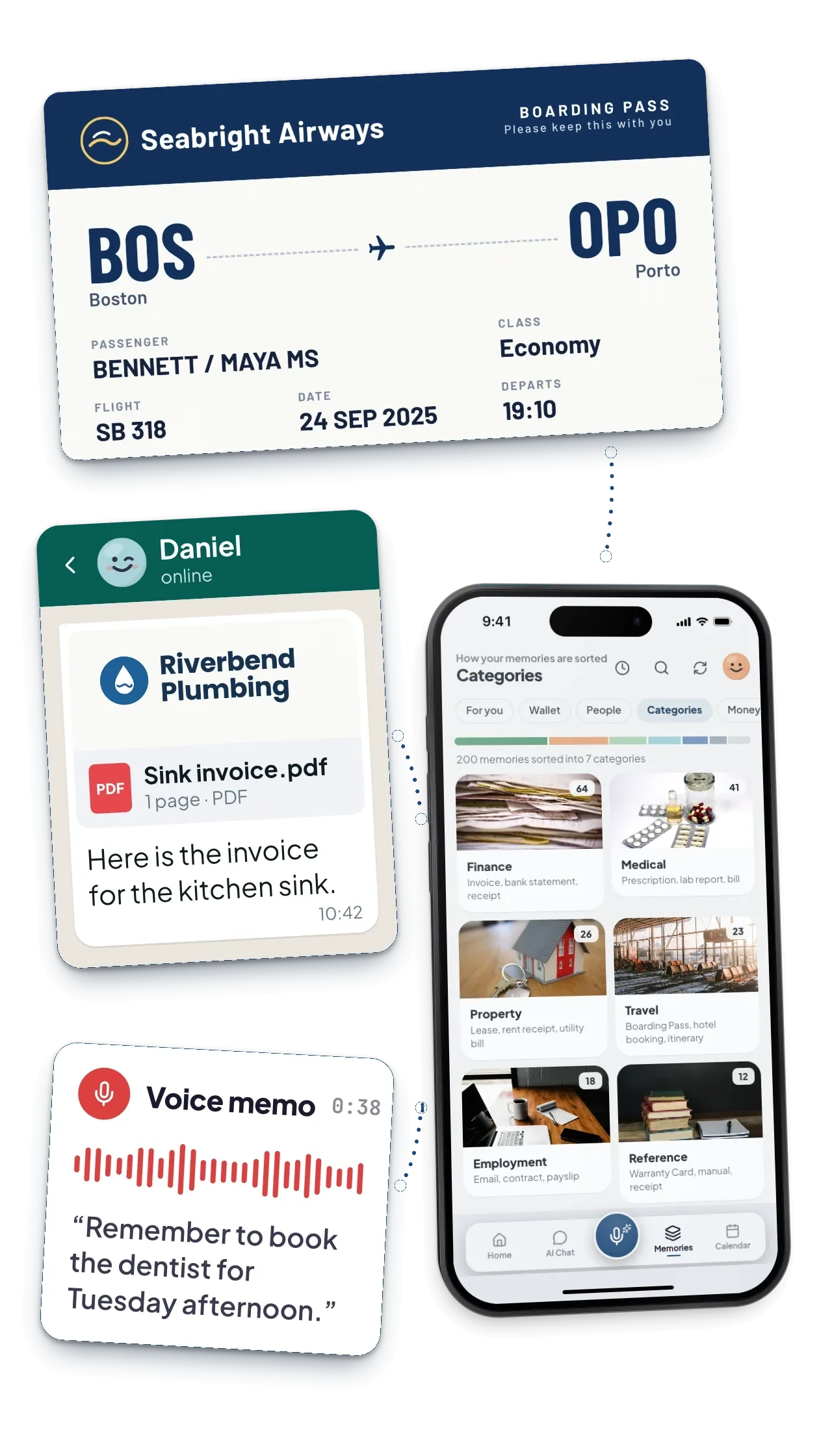 A boarding pass, a plumbing invoice PDF and a voice memo saved in MemX, beside the Categories screen with the memories sorted into categories.