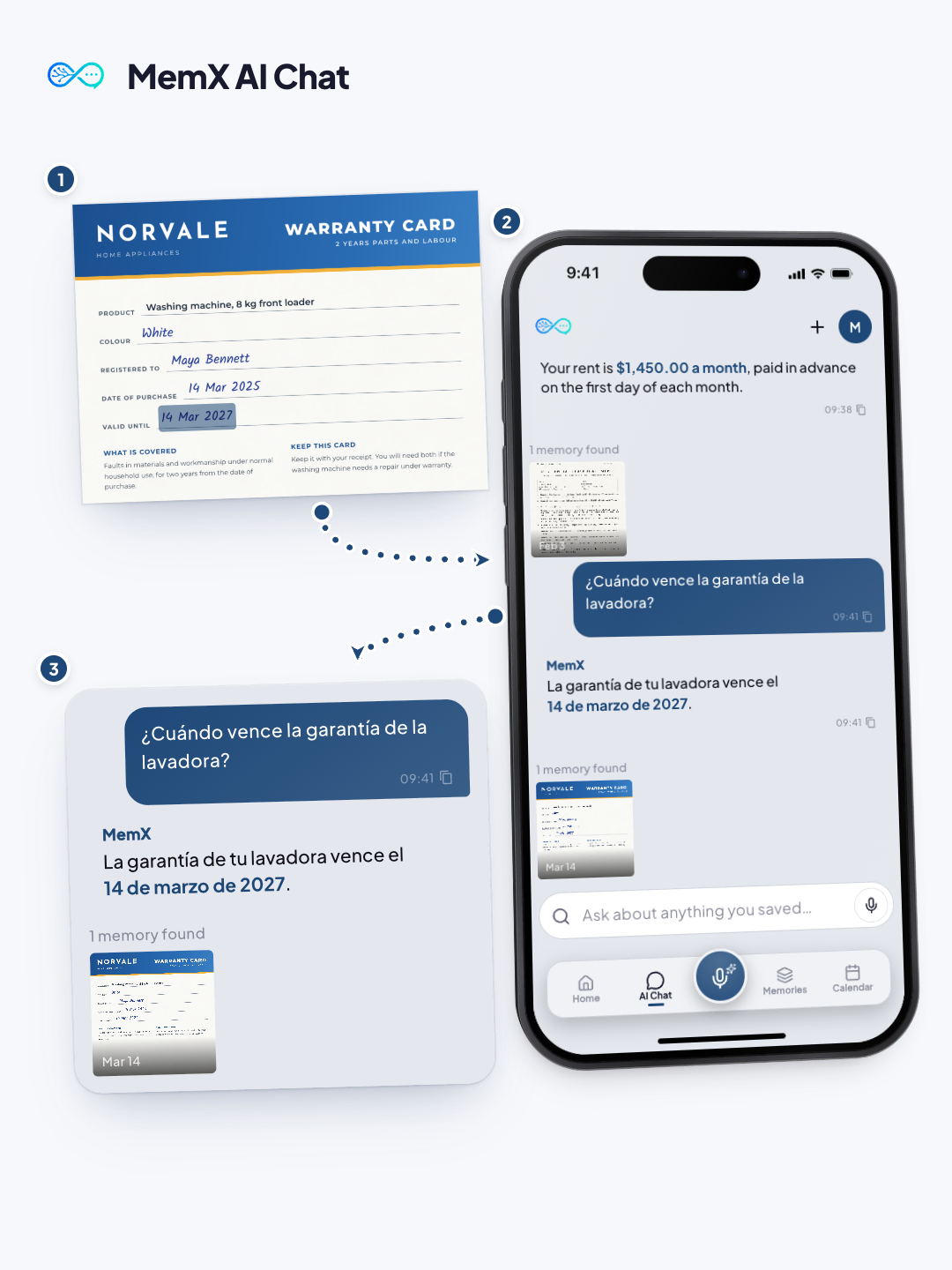MemX AI Chat: a washing machine warranty card, and a question asked in Spanish answered in Spanish with the date the warranty ends.