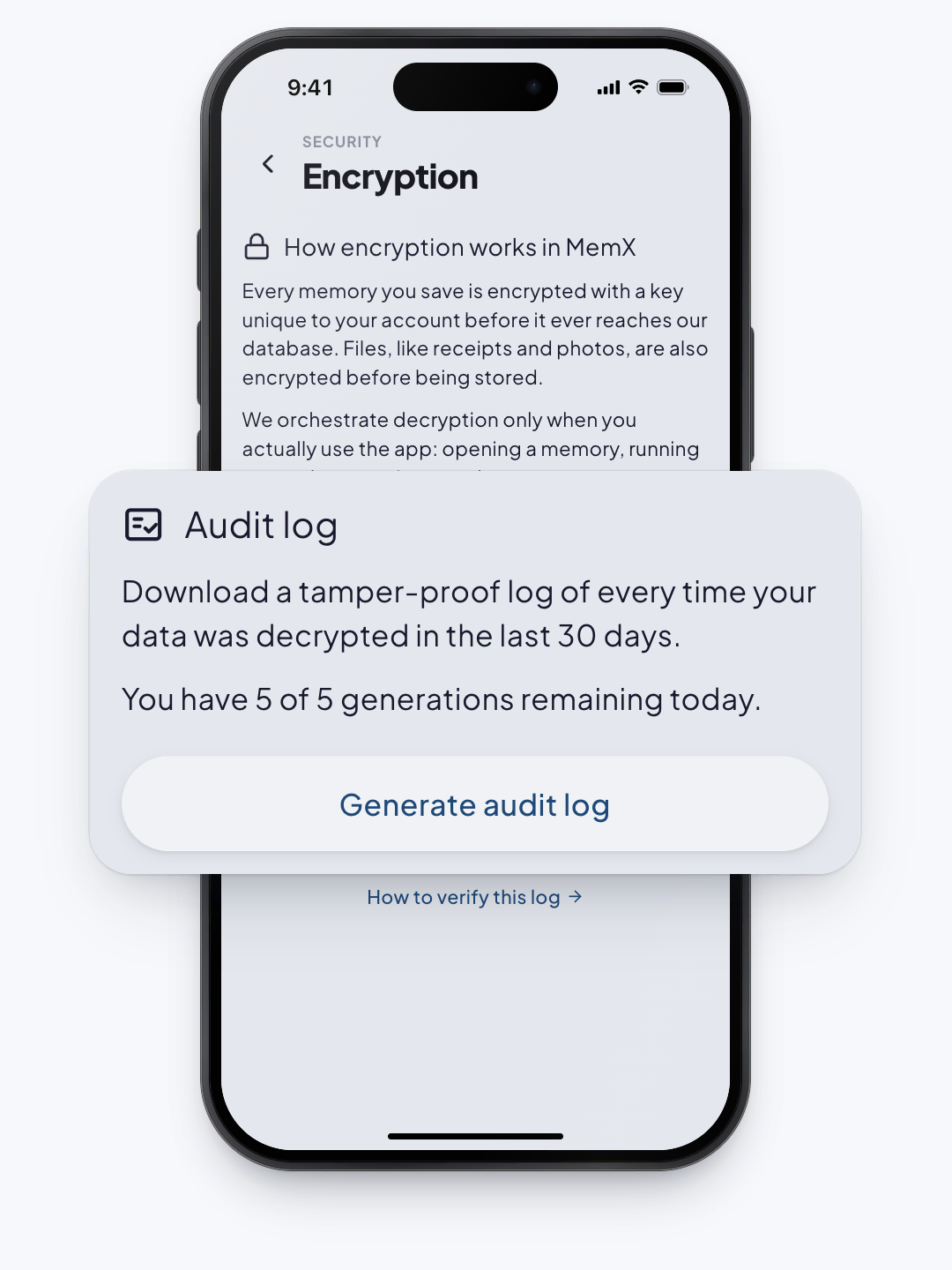 The MemX Encryption screen with the audit log option