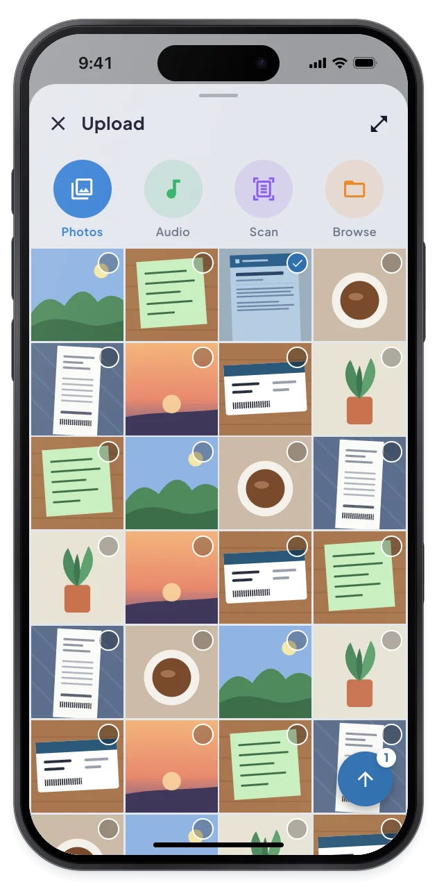 The Photos tab of the upload picker with one policy page selected.