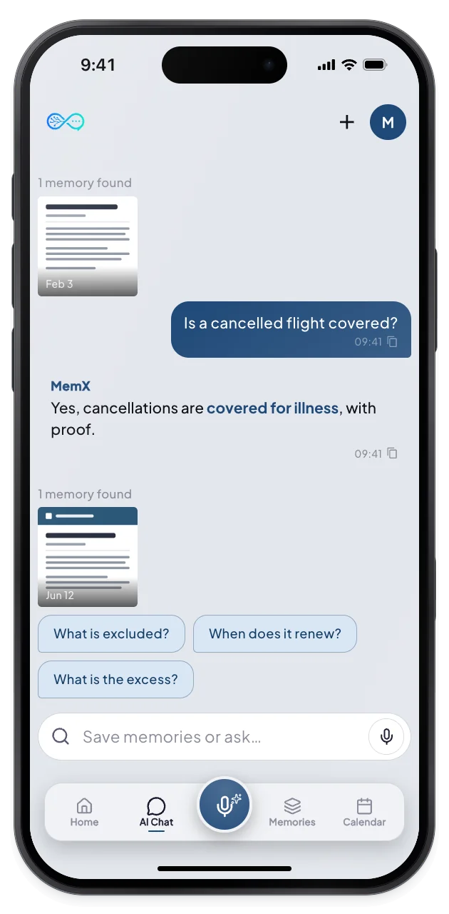 MemX answers what the policy says about cancelled flights and shows the policy page as the source.