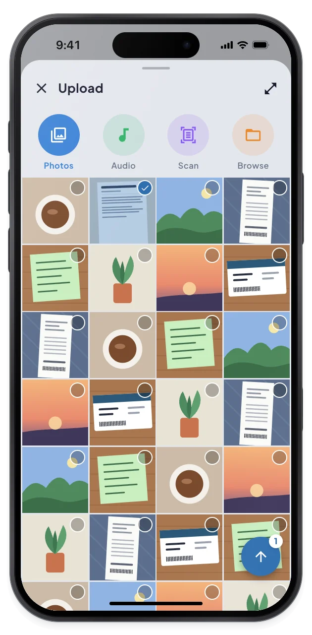 The Photos tab of the upload picker with one lease page selected.