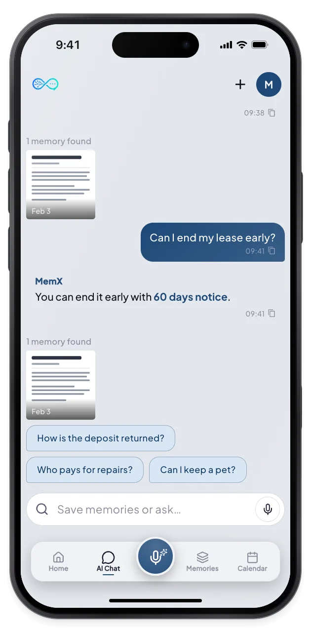 MemX answers with the clause on ending early and shows the lease as the source.