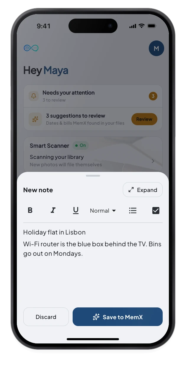 The note composer holds a short note about a holiday flat in Lisbon, with a Save to MemX button.