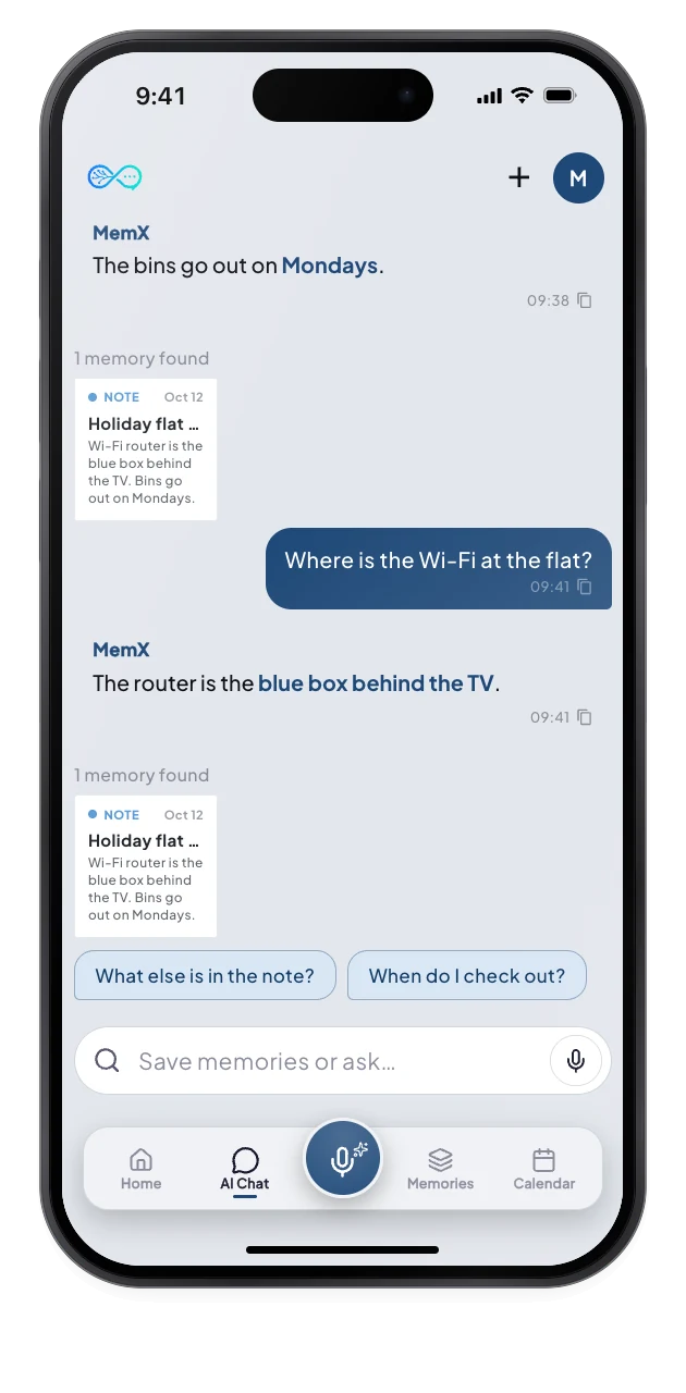 MemX answers a question about where the Wi-Fi router is and shows the note as the source.