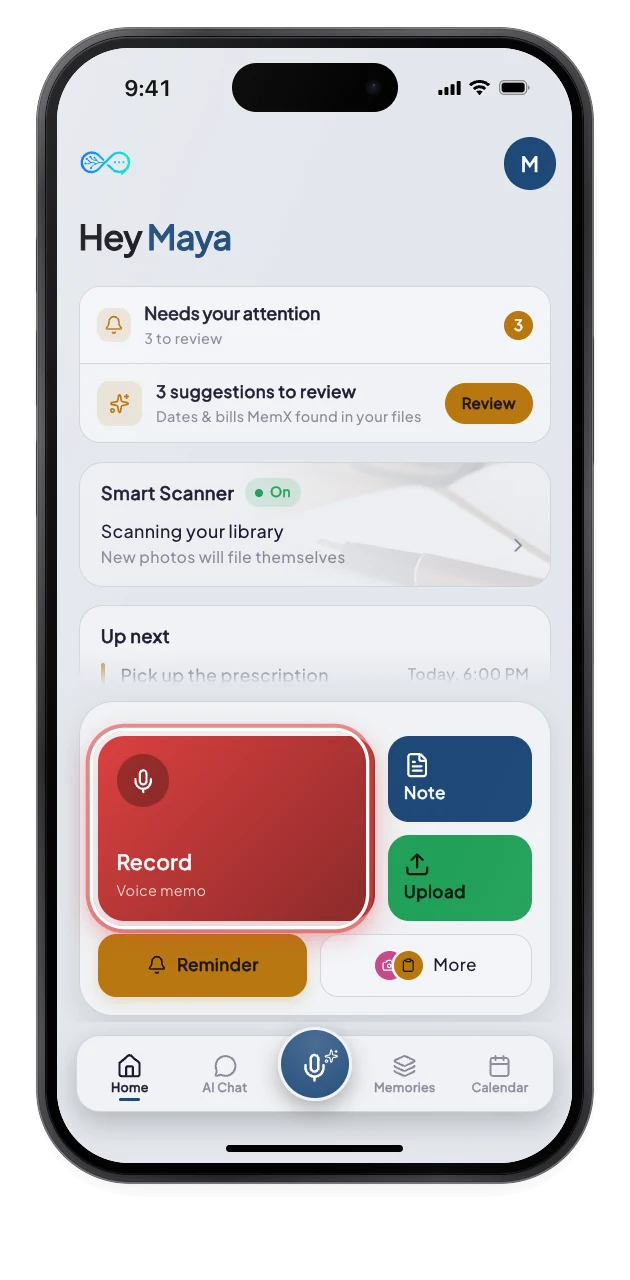 The MemX home screen with the red Record tile highlighted in the capture panel.